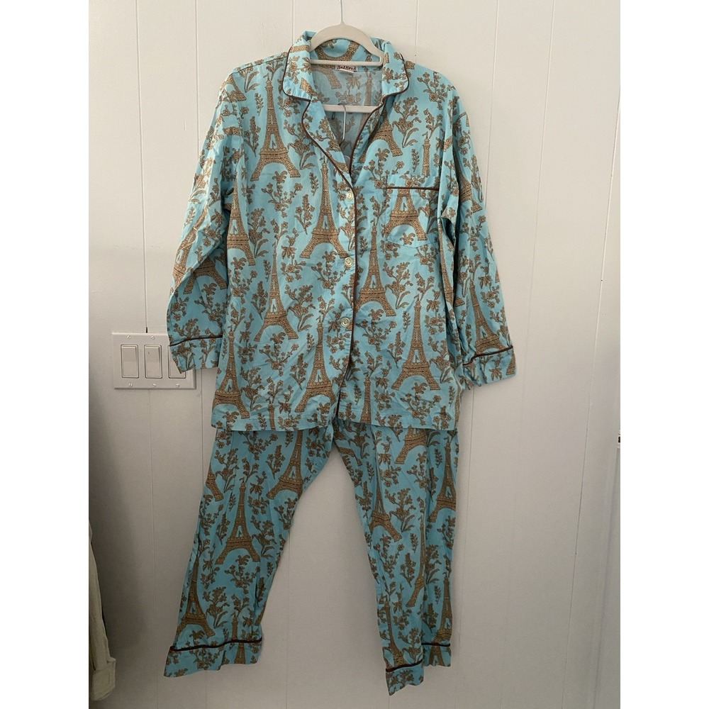BedHead Pajamas Set Womens L Light Blue Toile Eiffel Tower Paris 100% Cotton USA